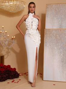 Váy xẻ sau lưng không tay, cổ đứng, đính hoa màu trắng thanh lịch mới, gợi cảm và trang trọng cho đám cưới, lễ cưới, tiệc tùng, ngày lễ - trắng - Xem 4