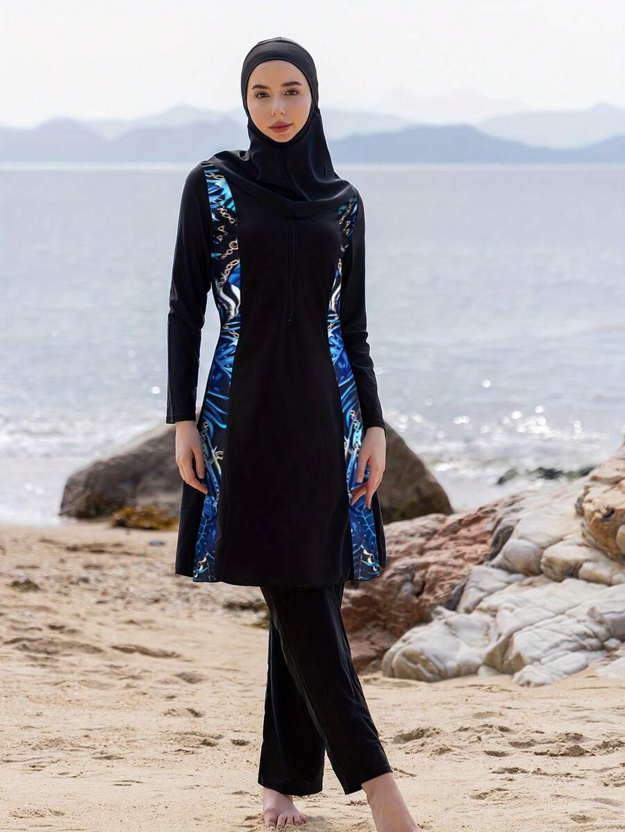 3 PiecesModest Muslim Women Full Coverage Swimsuit With Hoodie, Long Sleeve Top & Leggings, Middle-East Style, Summer Beach