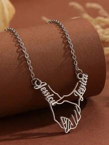 个性定制姓名内容手链镂空吊坠项链时尚男孩女孩不锈钢饰品情人节礼物 - 彩色 - 查看 2