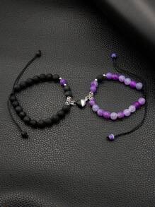 2pcs/Set Magnetic Heart Couple Bracelets, Bead Bracelet, Versatile Colors & Styles Suitable For Daily Wear, Parties, Great Gift For Boyfriend