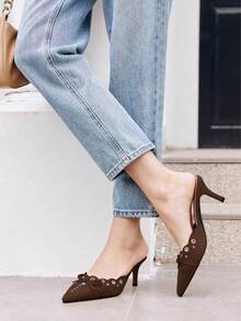 Women's Bow Tie Mule Heels Shoes – Pointed Toe Studded Backless Stiletto Pumps, Slip On Dress Shoes For Petite Height Boost, Slim-Leg Look, Party, Wedding, Date Night, Christmas & New Year Gift