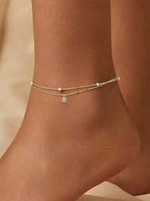 Nooxian 2pcs/Set Summer Beach Vacation Geometric Copper Pendant Cross Chain Pearl Anklet Set For Women (Random Bead Quantity)