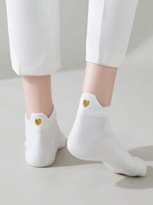 6 Pairs Of White Socks For Women, Gold Heart Embroidery Gorgeous Style Low Top Women's Boat Socks, Versatile And Simple Style