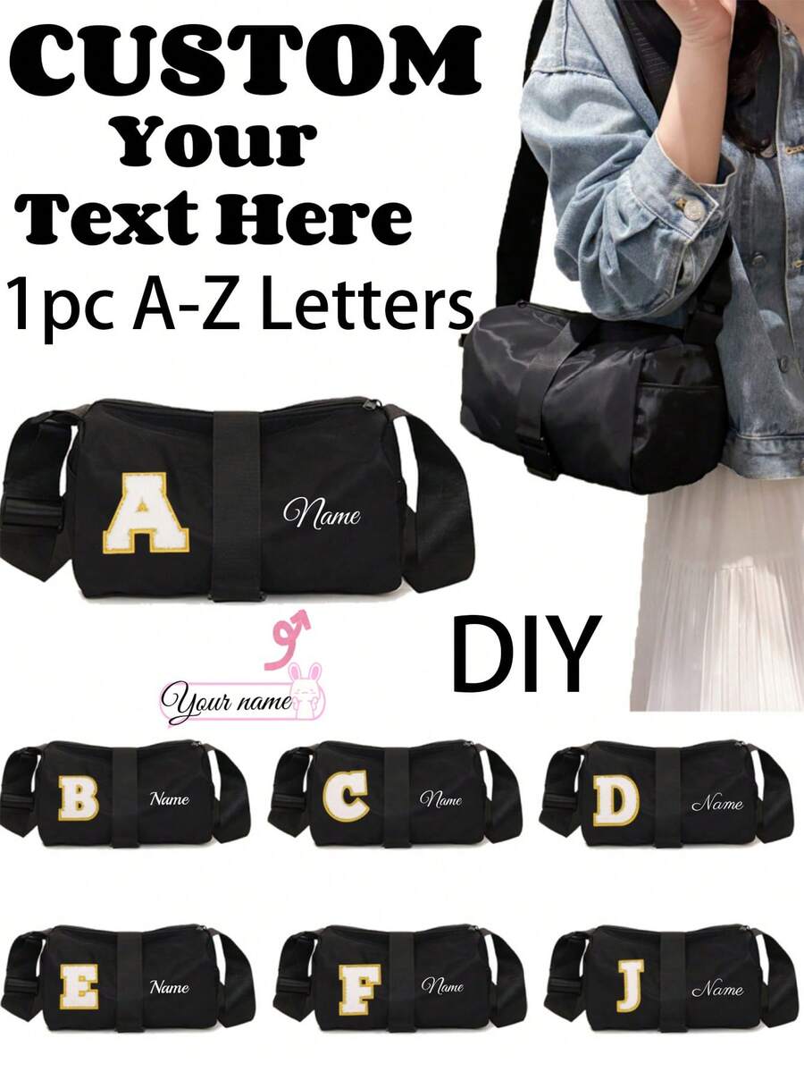 Customized Shoulder Messenger Bag With Personalized Name Or Holiday Information. Customize Your Own Bag. Solid Color Zipper Closure Fashionable And Simple Harajuku Style Boston Shoulder Messenger Bag, Niche Design Adjustable Shoulder Strap - Black - View 1