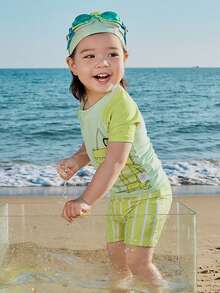mini bala 儿童游泳套装 - 短袖防晒衣 + 泳裤 + 泳帽，防紫外线三件套 - 黃綠色調 - 查看 2
