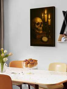 1pc Skull Poster, Candlelit Scene Canvas Print Wall Arts, Vintage Aesthetic Poster, Timeless Objects Art Prints, Bookshelf Display Paintings, Memento Mori Artwork, Home Decor, Room Aesthetic, Posters, Ideal Gift, Optional Framed Halloween Decor Fall Decor Room Decor