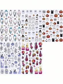 2/5 件万圣节 3D 幽灵卡通美甲贴纸，可爱幽灵南瓜火焰花朵图案美甲贴纸，DIY 或沙龙使用，自粘美甲贴纸用品，美甲装饰 - 彩色 - 查看 14