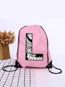 1pc A-Z Graffiti English Letter Outdoor Backpack, Kids Drawstring Closure Bag, Large Capacity Sports Bag, Cute Cartoon Letter Print Sports Backpack For Boys And Girls - Pink - View 37