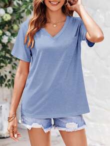 Camisetas de mujer de manga corta, sueltas y casuales para el verano con bolsillo - Rosa Pálido - Ver 11