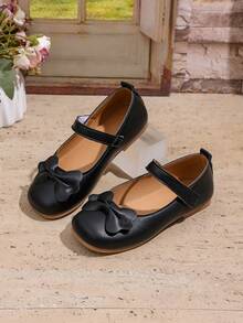 1 Pair Girls Black Bow Ballet Flats, Adjustable Hook&Loop Closure, Round Toe, TPR Non-Slip Sole, Comfortable, Plain Color, Suitable For 5-14 Years Old Girls, Suitable For Home, School, Holiday, Formal Occasions & Performances - Black - View 4