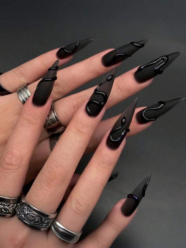 24pcs Almond Press On Nails Black 3D Nails With Snake Extra Long Stiletto Glossy Full Cover Fake Nails Art Fall Winter