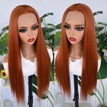 Orange Synthetic Lace Front Wigs Glueless Long Silky Straight Hair 13x4 HD Transparent Lace Wigs For Women Ginger Orange Color Heat Resistant Fiber Hair Natural Hairline Baby Hair Daily  Party Cosplay Halloween Use - 薑色 - 查看 3