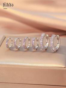 Hihho 6 件简约圆形耳环套装，适合女士，时尚轻盈闪亮方晶锆石嵌入式彩色锆石系列耳环，适合休闲运动装 - 銀色 - 查看 4