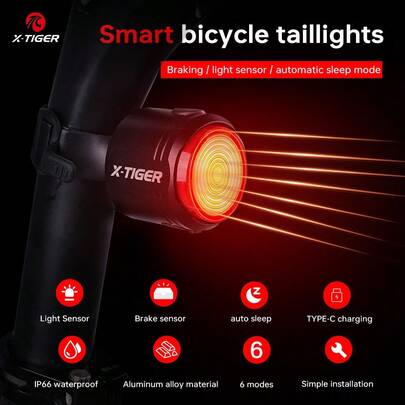  Lanterna traseira inteligente para bicicleta X-TIGER, luz traseira noturna para ciclismo com sensor de freio, luz de fundo LED superbrilhante, recarregável por USB tipo C, à prova d'água IPX6, acessório para lanterna traseira de bicicleta