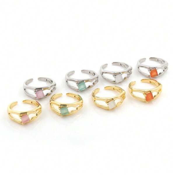 2025 Simple Versatile Pink Green White Orange Square Zirconia Opening Gold Color Silver Color Rings Women Jewelry