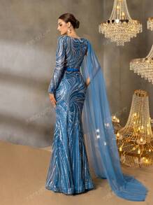 Round-Neck Long-Sleeve Beaded Sequin Evening Gown With Sheer Organza Cape, High-Slit Fish-Tail Hem Elegant Dress – Perfect For Red Carpet Galas, Black-Tie Weddings, Gala Dinners, Charity Balls, And Formal Award Ceremonies