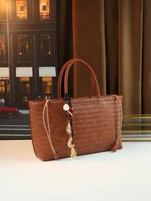 Tote Bag With Weaving Pattern, Large Capacity Commuter Bag With Charm Accessory, Fashion Women Handbag - Brown - View 4