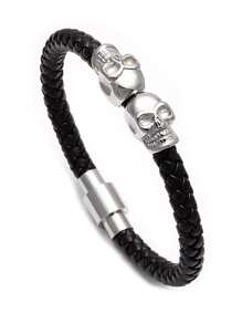 Halloween Black Skull PU Leather Braided Bracelet, Fashionable Punk Wristband, Unisex