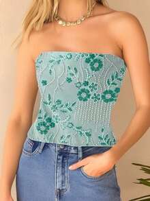 Women's Summer Sequin Tube Tops Strapless Sleeveless Floral Bandeau Tops Going Out Shirts - Light Blue - View 2