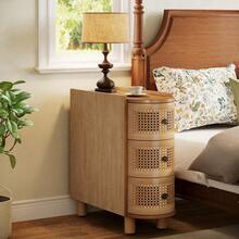 Tribesigns Solid Wood End Table, 3-Drawer Rattan Side Table, Night Stand With 3 Rattan Drawers And Exquisite Embossed Handles For Living Room, No Assembly Required (Oak - Gỗ sồi - Xem 6