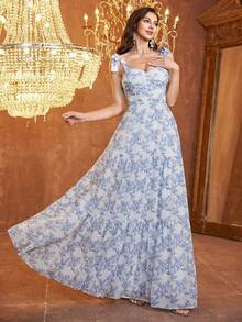Wedding Chiffon Ditsy Floral With White Lining, Strapped, Padded A-Line Bridesmaid Dress - Blue and White - View 8