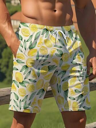 Men's Summer Beach Shorts - Casual Polyester, Machine Washable, Non-Transparent With Fashionable Lemon Print,Hawaiian