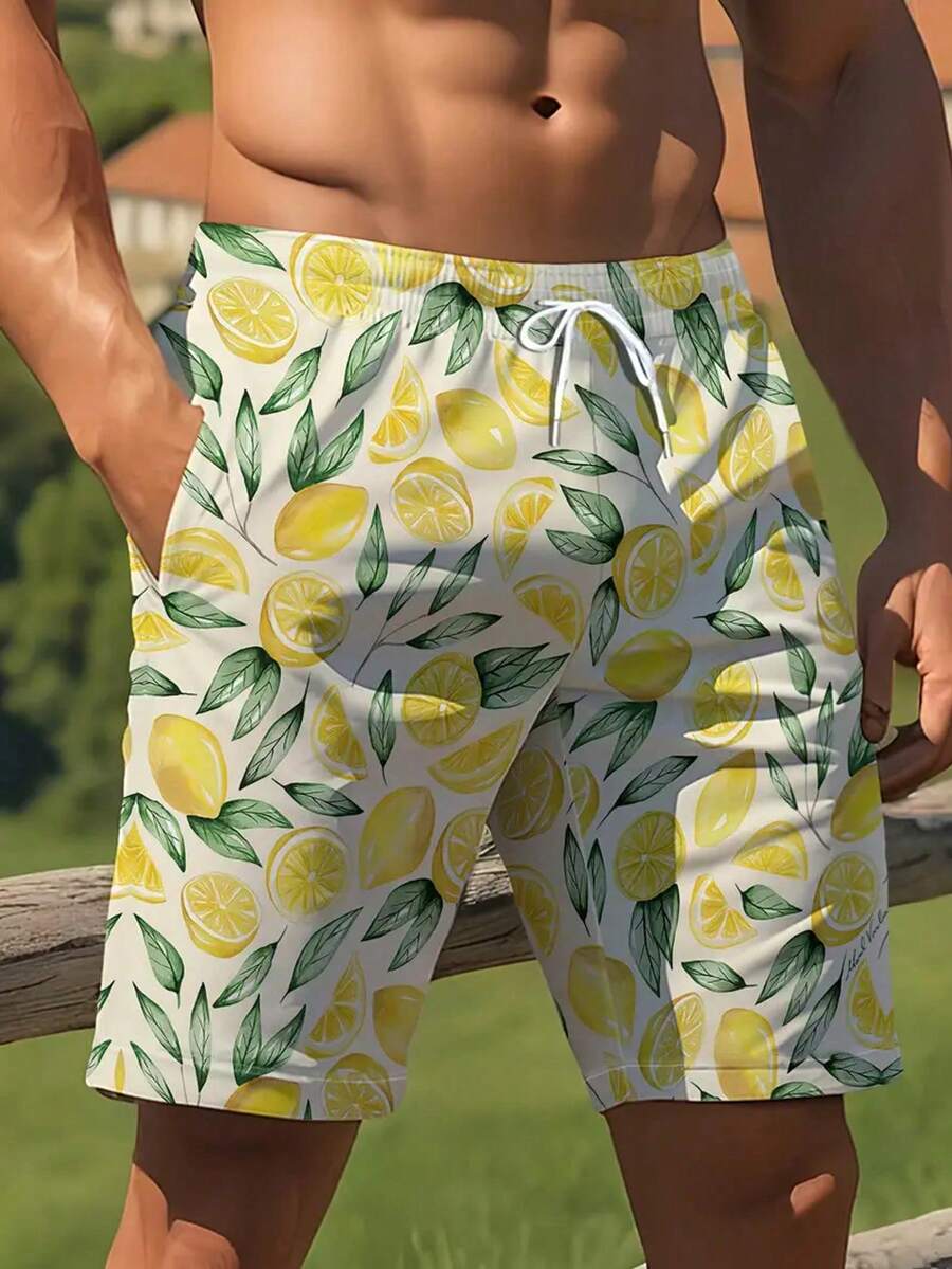 Shorts de playa de verano para hombre - Informales de poliéster, lavable a máquina, no transparente con estampado de limón de moda, hawaiano - Multicolor - Ver 1