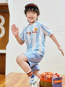 mini bala Boys' Sports Set – Quick-Dry Mesh Outfit With Retro Stripes, Sweat-Free Summer Look - White and Blue - View 2