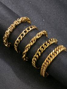 5件男士黄金手链套装不锈钢18k镀金粗链时尚男士珠宝链日常风格节日礼物 - 5條手鍊 - 查看 7