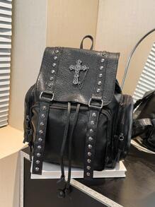 Handmade Y2K Baddie Millennium Soft Leather Backpack With Dark Cross And Chain, Commuting Bag
