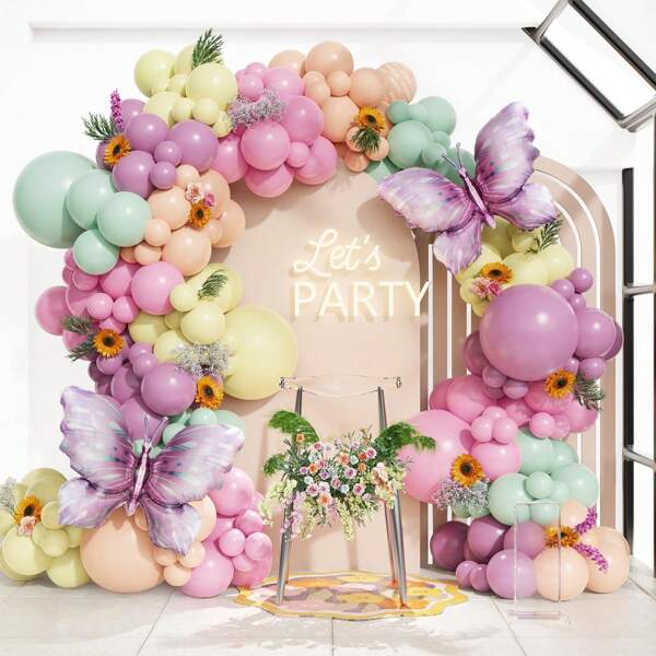 109pcs Colorful Floral Balloon Arch Kit With Purple Butterfly Foil Balloons,Suitable For Spring/Summer Baby Shower, Birthday Party, Tea Party Decoration