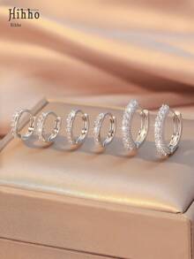 Hihho 6 件简约圆形耳环套装，适合女士，时尚轻盈闪亮方晶锆石嵌入式彩色锆石系列耳环，适合休闲运动装 - 銀色 - 查看 7