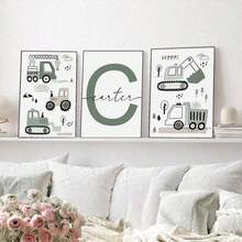 Customized Canvas Wall Art - Custom Nursery Boy Wall Art, Construction Wall Decor, Tractor And Truck Prints, Custom Name, Gift For Baby Boy, Set Of 3 , Custom Name & Number - Optional Frame, High-Quality Material, Unique Gift Idea, Decor Gifts Birthday Graduation Home Decor Back To School Room Decor School Supplies