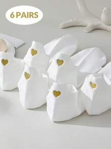 6 Pairs Of White Socks For Women, Gold Heart Embroidery Gorgeous Style Low Top Women's Boat Socks, Versatile And Simple Style