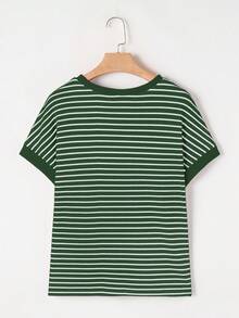 Acelitt 条纹撞色肩部短袖针织休闲圆领T恤，夏季 - 綠色 - 查看 2