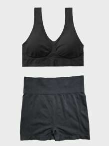 Women 2pcs Medium Suppor Ank Lop Ribbed Seamless Removable Cups Workout Exercise Sport Bra, Oga Ribed Seamless Workout High Waist Athletic Legging Shorts