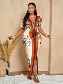 BIUBIU Summer Plus Size Women's Flora Elegant Deep V Neck Ruched Slit Long Dress Beach Island Vacation Sexy Dinner Evening Gown Maxi Dresses