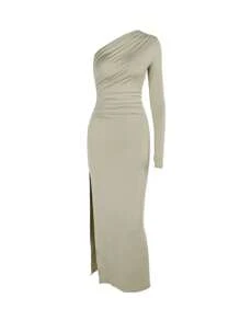 WOWDARK Damen einfarbiges langärmeliges asymmetrisches gerüschtes Lässig Kleid mit einem Ärmel, Alltagskleidung für den Herbst