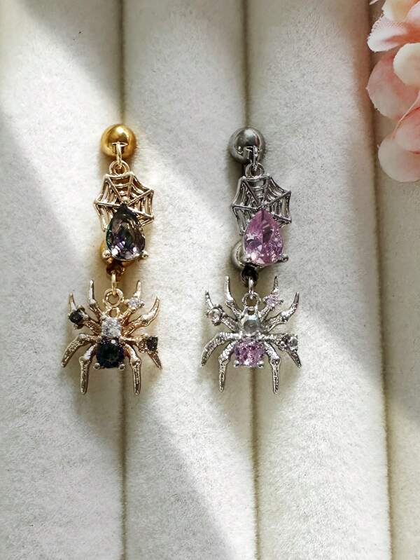 2pcs Elegant Holiday Travel Style, Copper Spider & Cobweb Belly Button Rings, CZ Studded Non-Fading Vacuum-Plated, Women Daily/Festival Wear, Gifts