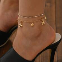 1 pieza Tobillera de acero inoxidable chapada en oro de 18K con diseño de estrella de cinco puntas de doble capa y adornada con perla, diseño minimalista para mujer, adecuado para fiestas, citas y trabajo
