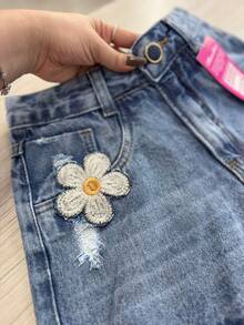 Women's MOM Jean Shorts With Embroidered Flower Detail, High Waist And Marbled Wash | No Elastane - 大理石紋 - 查看 4