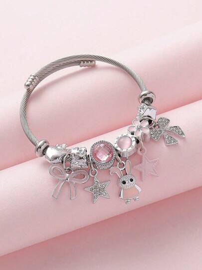 1pc Elegant Luxurious Bling Crystal Crown, Bear, Bow, Moon Charm Beaded Stainless Steel Adjustable Bracelet, Variety Of Shapes, Big Hole Spacer Beads, DIY, Suitable For Women, Daily, Party, Holiday Gifts