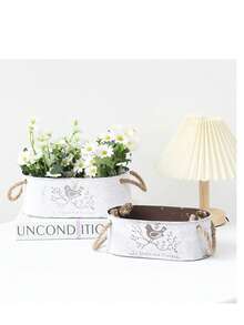 1 PC Vintage Oval Iron Flower Pot With Bird Print Design, Hemp Rope Pot, Iron Metal Pot, Succulent Green Plant, Oval Shaped Pot, Storage BoxRetro Mini Bucket Planter With Rope Handles For Indoor And Outdoor Decoration, Tabletop Wrought Iron Metal Decorative Vase With Accessory - Retro - View 10