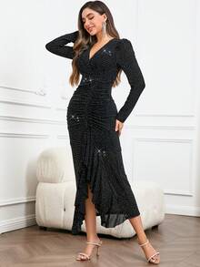 Women's Elegant Rhinestone Embellished Ruched Drawstring Waist Flounce Sleeve Dress - Black - View 5