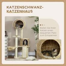 Kratzbaum katze Mit Katzenhaus aus Rattan, mehrere Plattformen, Hängematte & Rampe, Kippschutz, Plüsch, Beige, 60 x 60 x 150 cm - Beige - Übersicht 4
