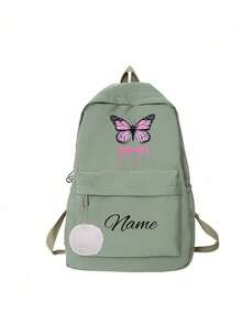 Customizable Name Or Holiday Greeting Fitness Backpack For Back To School Season. New Arrival, Casual And Versatile, Cute Butterfly Print, Nylon Zipper Material. You Can Customize Name, Letter, Lucky Number, Etc. Can Be Given As A Birthday Gift To A Friend's Daughter, Also As A Commemorative Bag, Gift, Anniversary Present. - Pink Butterfly + White Fur Ball Pendant - View 17