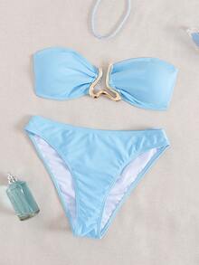 Sundfotday 女士时尚性感抹胸比基尼套装，金色夹扣装饰，两件式泳衣，适合派对和海滩度假夏季穿着 - 天藍 - 查看 1