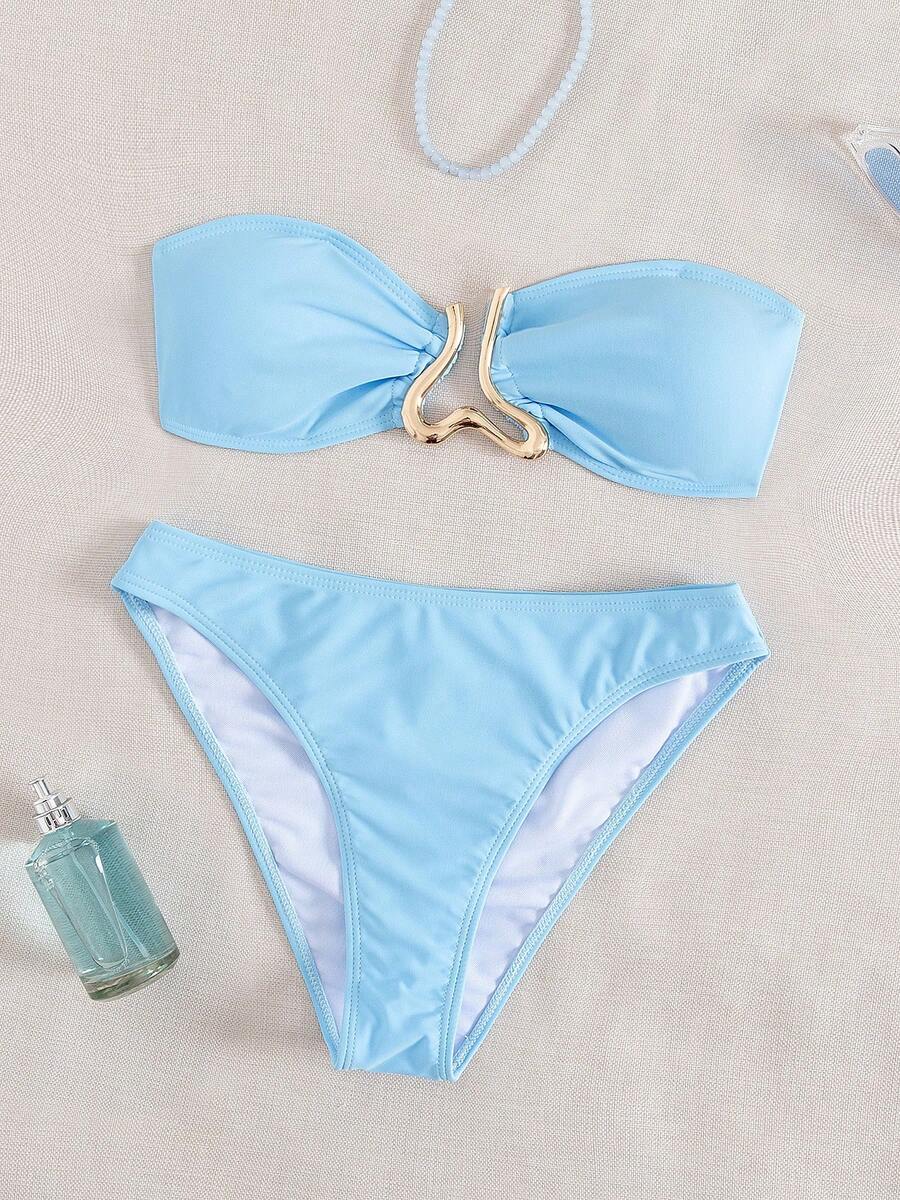 Sundfotday 女士时尚性感抹胸比基尼套装，金色夹扣装饰，两件式泳衣，适合派对和海滩度假夏季穿着 - 天藍 - 查看 1