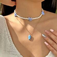 1pc Summer New Ceramic Fish & Starfish Tassel Pearl Bead Charm Layered Necklace