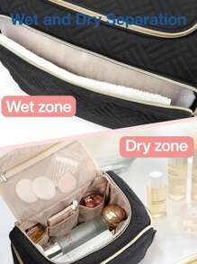 1pc Black Polyester Travel Toiletry Bag With Handle - Alphabet Pattern, Wet/Dry Separation, Machine Washable, Portable Makeup Organizer For Both Men & Women, Ideal Gift For Family & Friends, Daily Cosmetics Storage, Fashionable Makeup Case, Practical Design, Fabric, Must-Have For Frequent Travelers